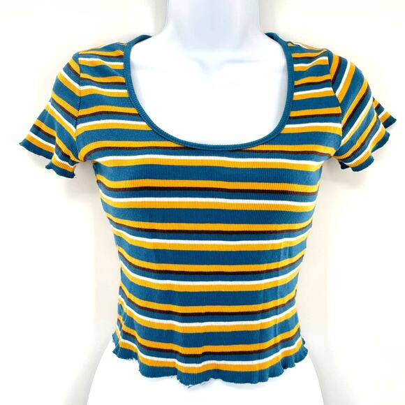 ZARA Trafaluc Blue Yellow Crop Knit Top Short Sleeve Scoop Neck S - Picture 1 of 6